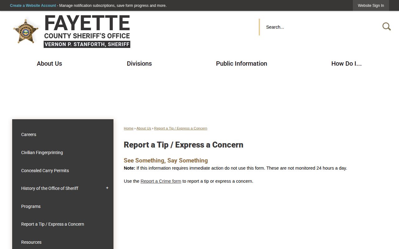 Fayette County Sheriff's Office warrant-tip safety record source