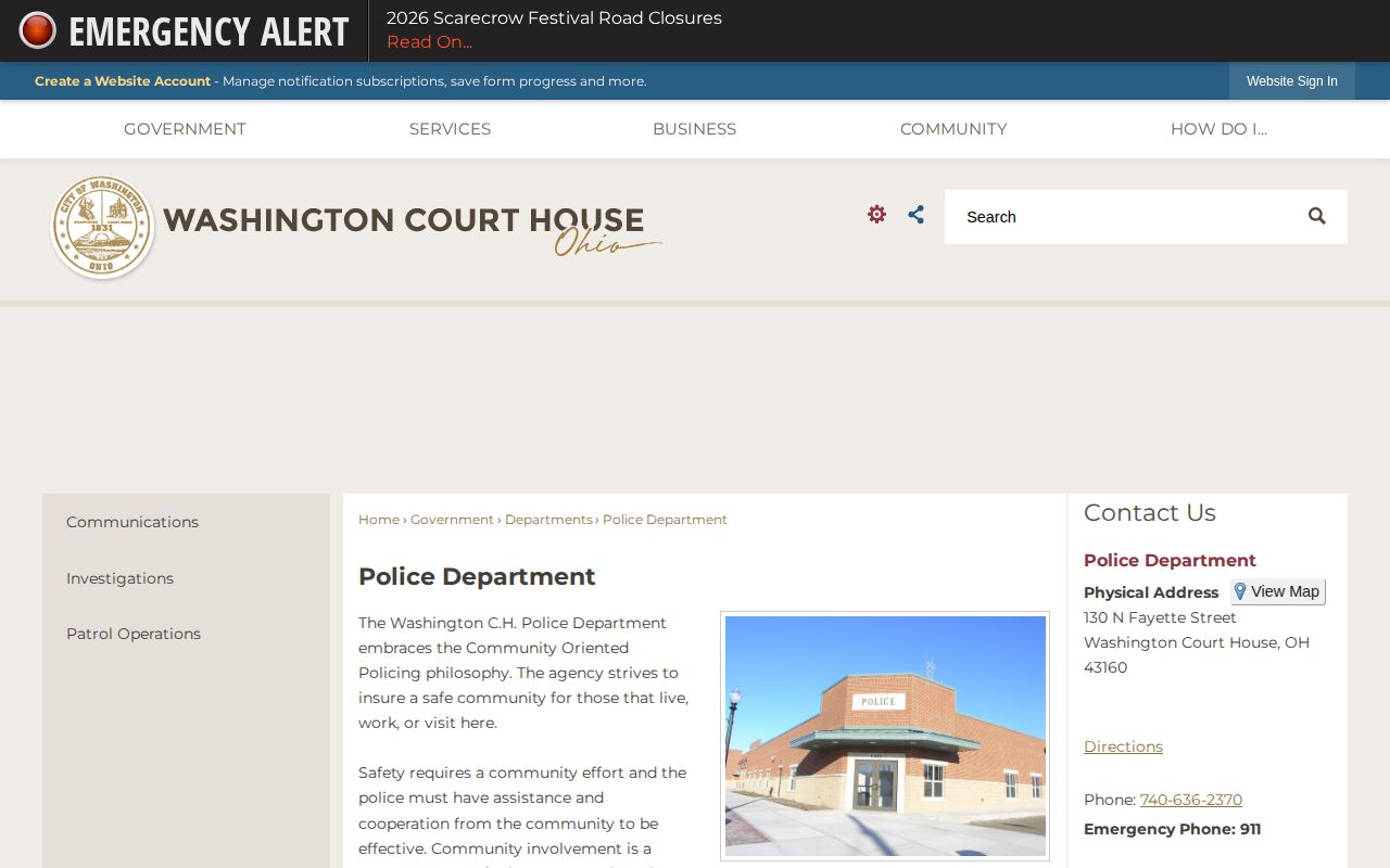 Washington Court House Police Department official arrest-record contact source
